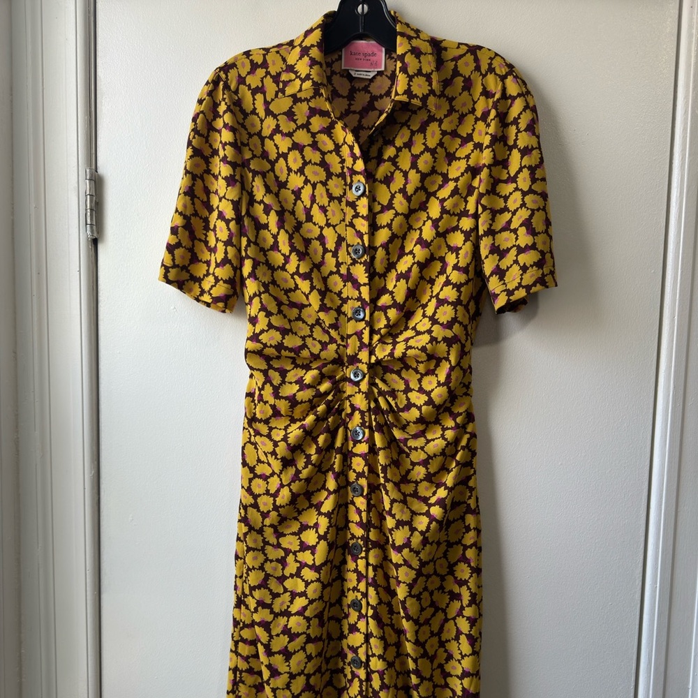 Kate Spade New York Sunny Bloom Ruched Front Shirt Yellow Patterned Dress Sz 2 - Picture 5 of 10